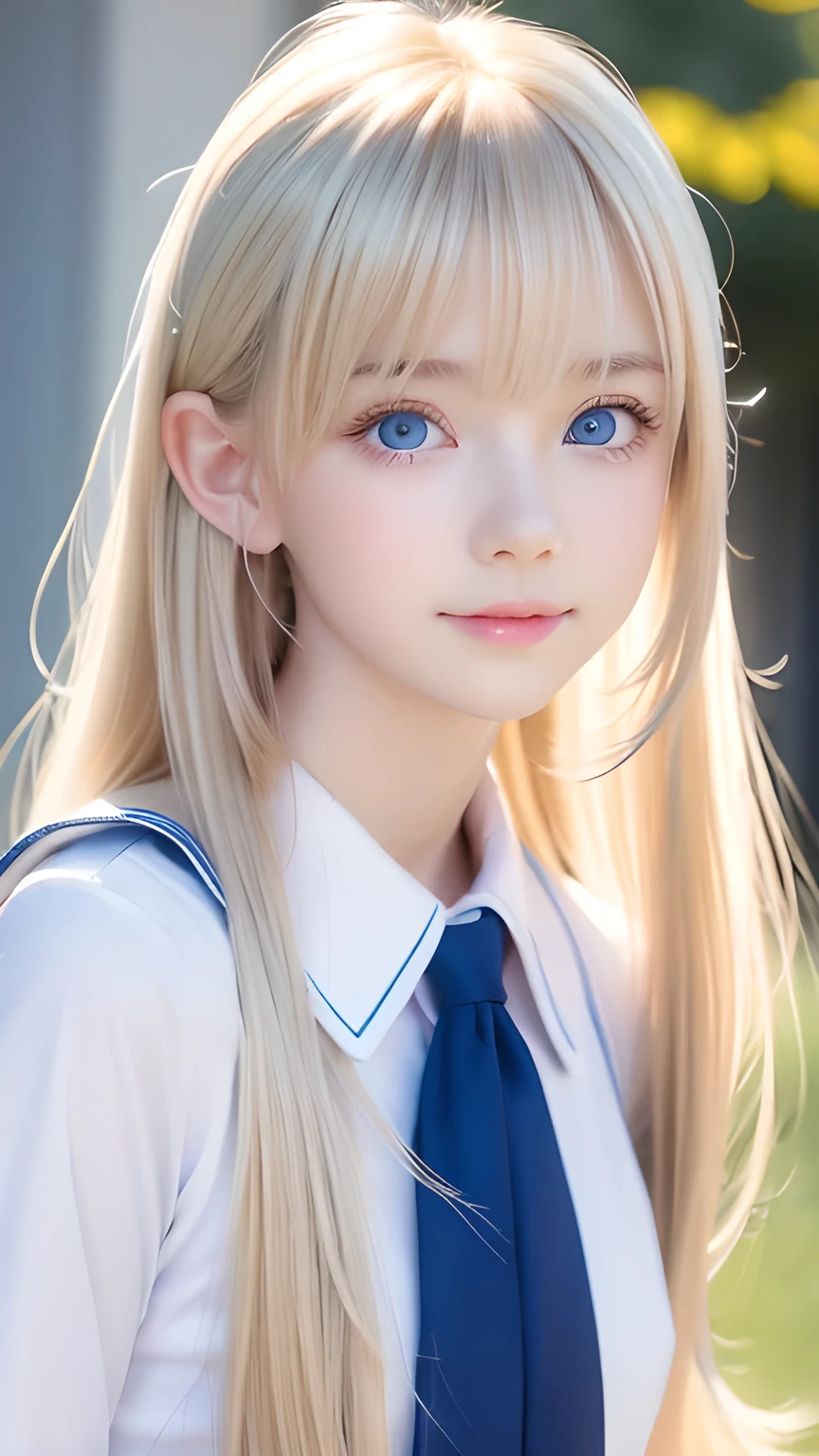 One unparalleled beautiful girl、Super long blonde hair, Beautiful and cute bangs、Very beautiful face、Bright expression、Beautiful bright blue eyes, bright and dazzling platinum blonde、Super long straight hair、Eyebrows behind the bangs、school uniform、School uniform、Textured white skin, High detail, Best Quality, 4K high resolution、Glowing Skin、Small Face Beauty、Round face