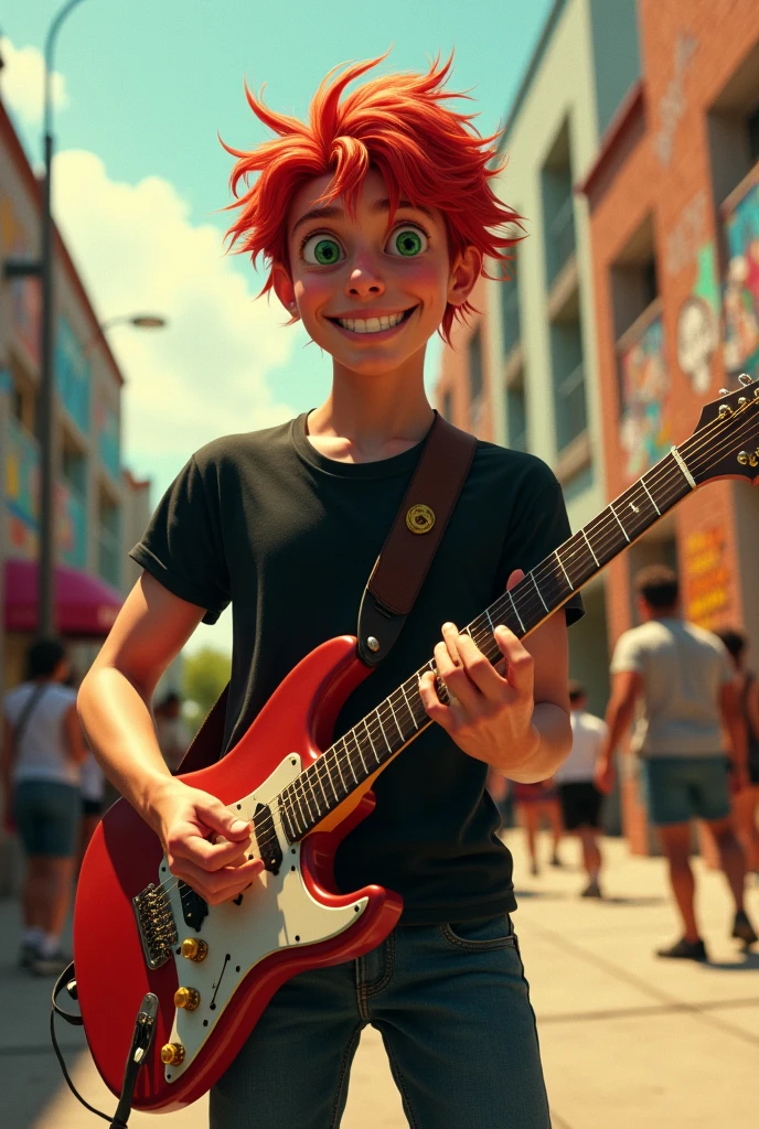 A boy with apple red hair and green eyes who likes to play music, He's and goes to North Black Panther High School, he's very independent and intelligent, very masculine, and has a very defined body, and he is very white, he has big arms and a very worked abdomen, he is 1.92, He likes rock and his skin is very light colored.