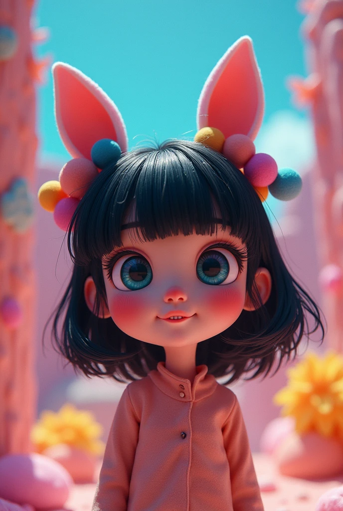 black hair, hair bobbles, wince, longeyelashes, solid circle eyes, fake animal ears, light smile, ear blush, fang, ccurate, Surrealism, drop shadow, anaglyph, stereogram, tachi-e, pov, atmospheric perspective, 8k, super detail, best quality