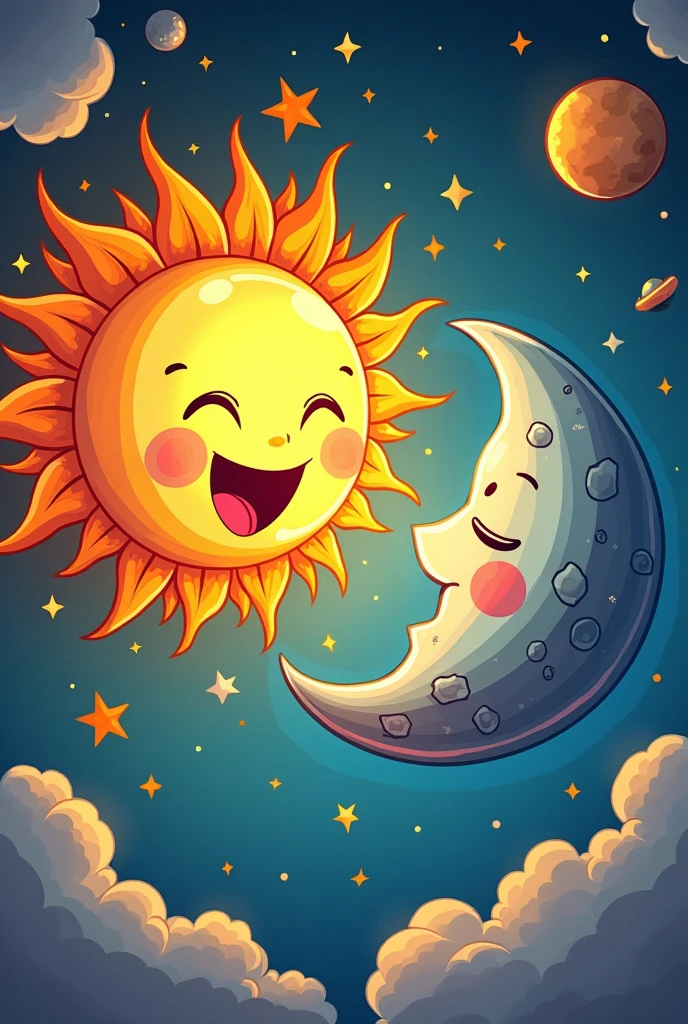 Make sun and moon in a style of doodle,they are fighting