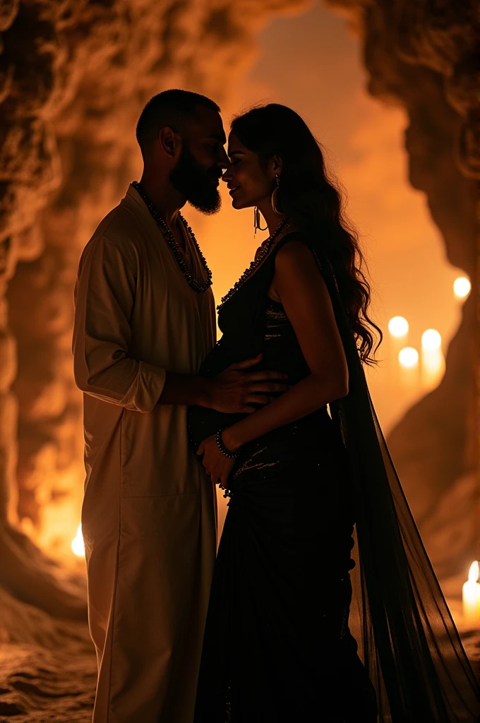 hindu pandit, pregnant girl curvy hourglass body, wearing black saree, kissing,in the caves