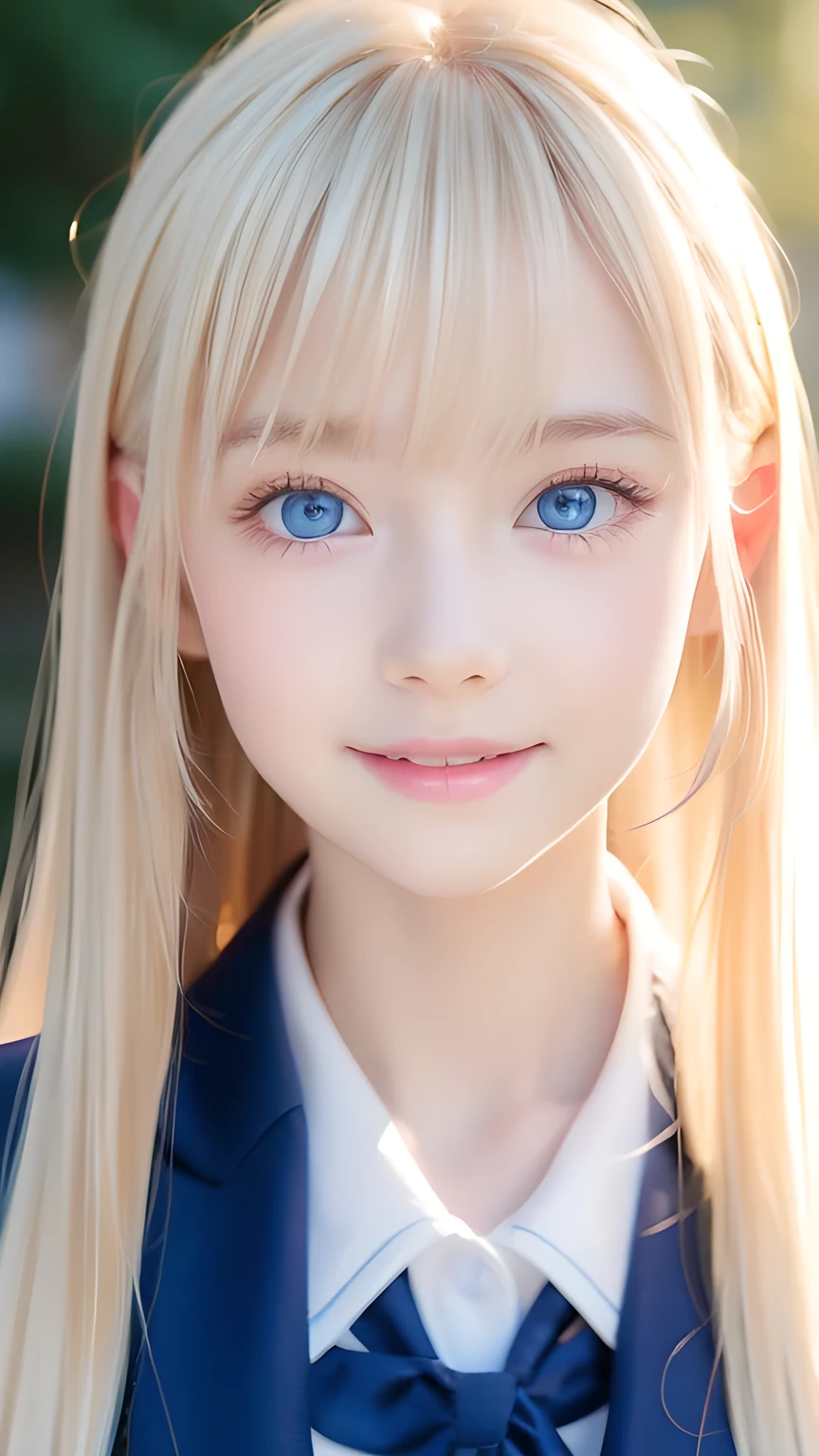 One unparalleled beautiful girl、Super long blonde hair, Beautiful and cute bangs、Very beautiful face、Bright expression、Beautiful bright blue eyes, bright and dazzling platinum blonde、Super long straight hair、Eyebrows behind the bangs、school uniform、School uniform、Textured white skin, High detail, Best Quality, 4K high resolution、Glowing Skin、Small Face Beauty、Round face