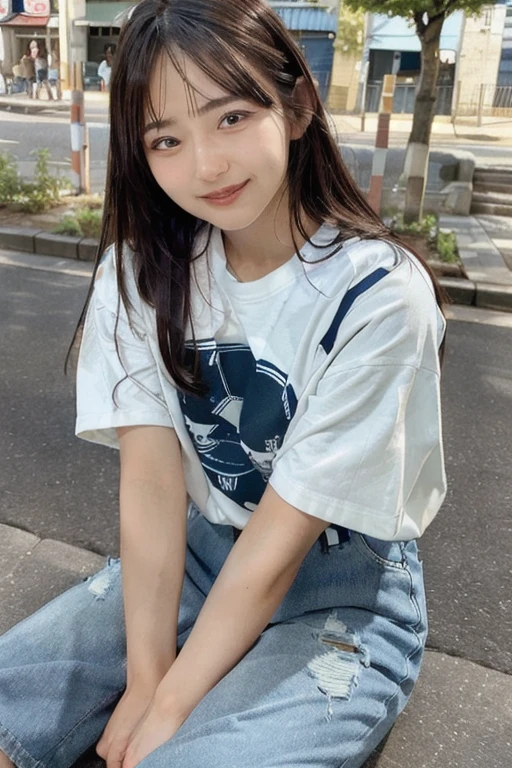 (Skin wounds:0.8), (Skin Dentition), black eye, 1woman, Age 25, (((woman))), alone, Realistic, Highest quality, photoRealistic, masterpiece, 8k, High resolution, alone, Highly detailed face, (Professional Lighting, Bokeh), (Particles of light, Lens flare, Glowing particles:0.6), (Dynamic pose:0.8), Soft lighting, View from above, Fashionable and trendy atmosphere, Japan, Tokyo, playground, street, city, shop, river, ((Daytime)), null, ((Looking at the audience:1)), (Looking into the camera),(Portraiture:0.6), Cowboy Shot, nice, Sitting, Put your hands down, Maintain the original face proportions, Broad shoulders, whole body, (Mid-chest), (Long Hair), Brown Hair, Floating Hair, lips, lipstick, seductive smile, Floating Hair, smile, Open_mouth, teeth, T-Shirts, ラウンドネックT-Shirts, Shorts, jeans, eyelash, Mole, (Mole under eye:1), On all fours