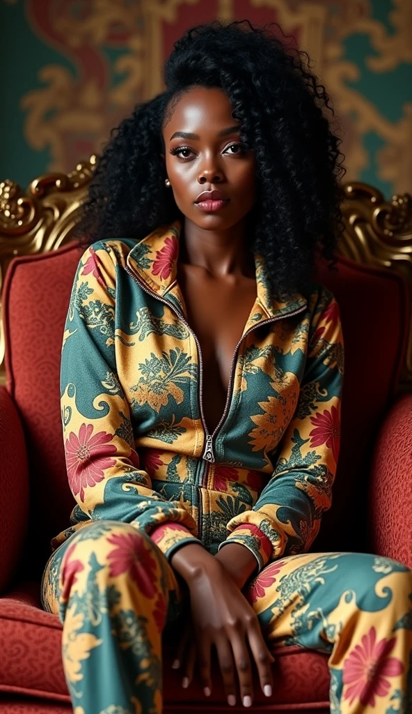 1 Jamaican Caribbean female, detailed beautiful eyes, detailed beautiful lips, extremely detailed face and skin, long eyelashes, dreadlocks, tracksuit, black culture motifs, swagglery, deadpan expression, reclining on baroque sofa, swagger posture, (best quality,4k,8k,highres,masterpiece:1.2),ultra-detailed,(realistic,photorealistic,photo-realistic:1.37),portrait,photography,vivid colors,dramatic lighting