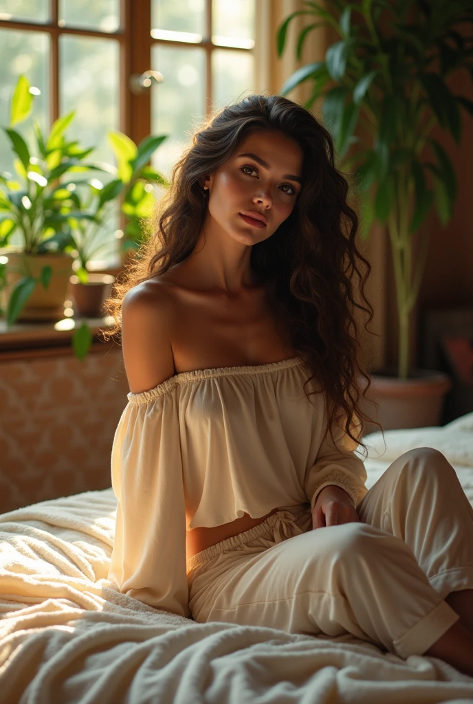 (photorealism:1.2), beautiful woman, sitting on bed, wearing loose off-shoulder top, pajama pants, long curly hair, indoors, soft lighting, plants in background, window with sunlight, cozy room, relaxed pose, realistic, intricate details, warm colors, by Greg Rutkowski, by Alphonse Mucha