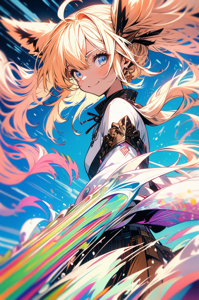 masterpiece, best quality, ultra detailed, insanely detailed, hyper detailed, woman, smiling, walking, looking at viewer, brown eyes, jitome, detailed face, light brown skin, tall, slender, sweater, shorts, teenager, japanese, outside, on the street, with shooting stars, in the evening, with rain, cel anime, sharpen, blue, ahoge, semi long, blue eyes, green background, medium shot, intense wide shot, glad, with fox ears, mole, blond