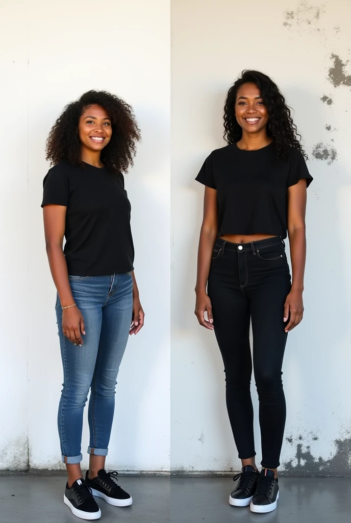 Create a split-image of the same brown skinned woman shown side by side against a plain white background to illustrate a before and after transformation. In the 'before' image on the left, depict the woman as shorter and wearing a plain black T-shirt and jeans. In the 'after' image on the right, show the same woman taller, wearing the same black T-shirt but with casual pants instead. Both images should have the woman smiling and looking directly at the camera, with a noticeable difference in height but less difference in presence. The background should be minimalist with natural lighting, the background walls having stains on it, the wall having dark grey color, the walls on both sides looking the same, highlighting the transformation