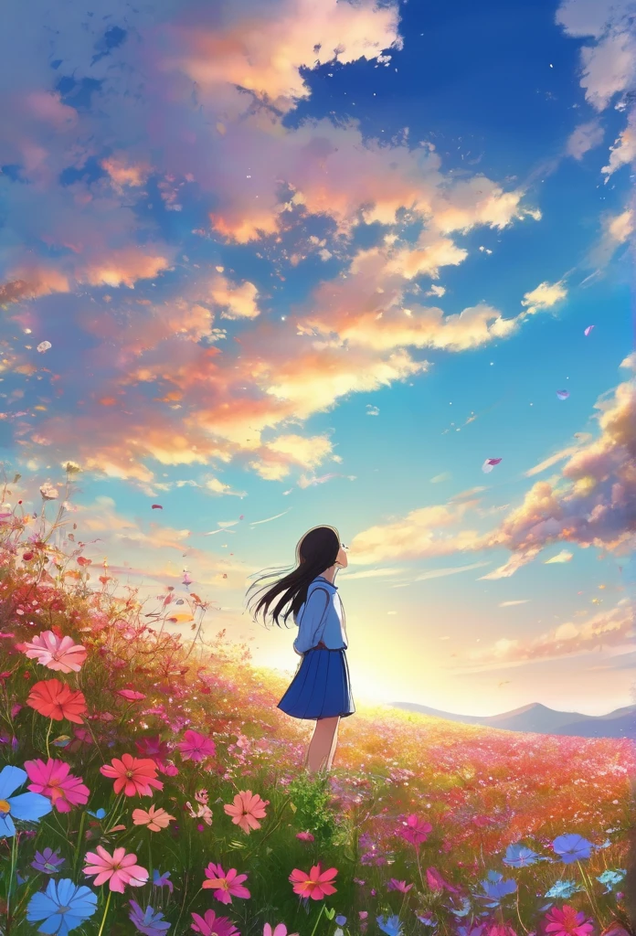Lonely flowers and blue sky、Autumn sky and beautiful cosmos flowers、Landscape photo of the vast cosmos flower field、(View from below with a view of the sky and the wilderness below)、Girl looking up at blue sky、Draw a big picture of the sky、masutepiece、top-quality