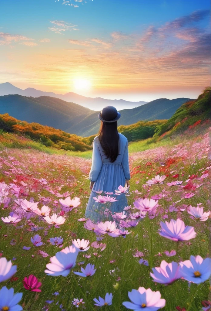 Lonely flowers and blue sky、Autumn sky and beautiful cosmos flowers、Landscape photo of the vast cosmos flower field、（View from below with a view of the sky and the wilderness below）、Girl looking up at blue sky、Draw a big picture of the sky、masutepiece、top-quality