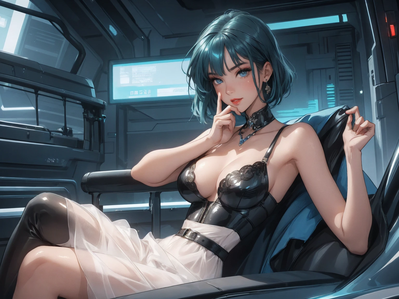 1girl,a beautiful fashion model ,(masterpiece, detailed background, best quality),short and shiny hair, blue green hair, hair with highlights, bangs, smirk,juicy lips,red lips, calmart, lingerie, stripping, elegant makeup, blue eyes, full body shot, (shiny skin), cyberpunk, sci fi, boa, extravagant jewelry, cocky expression, covered in jewelry, fancy, white dress, ((hand covering mouth, smug, discrete laughter)), laying on side, loounging