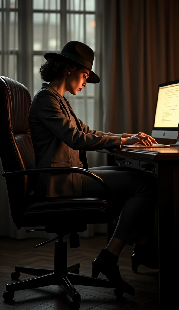 a female detective in 1920s chicago, la noir style, wearing a grey suit and bola hat, leaning back in an office chair at a computer, with a badass swagger, silhouetted in shadows, (best quality,4k,8k,highres,masterpiece:1.2),ultra-detailed,(realistic,photorealistic,photo-realistic:1.37),HDR,UHD,studio lighting,ultra-fine painting,sharp focus,physically-based rendering,extreme detail description,professional,vivid colors,bokeh,portraits,chiaroscuro,dramatic lighting,moody,cinematic,high contrast