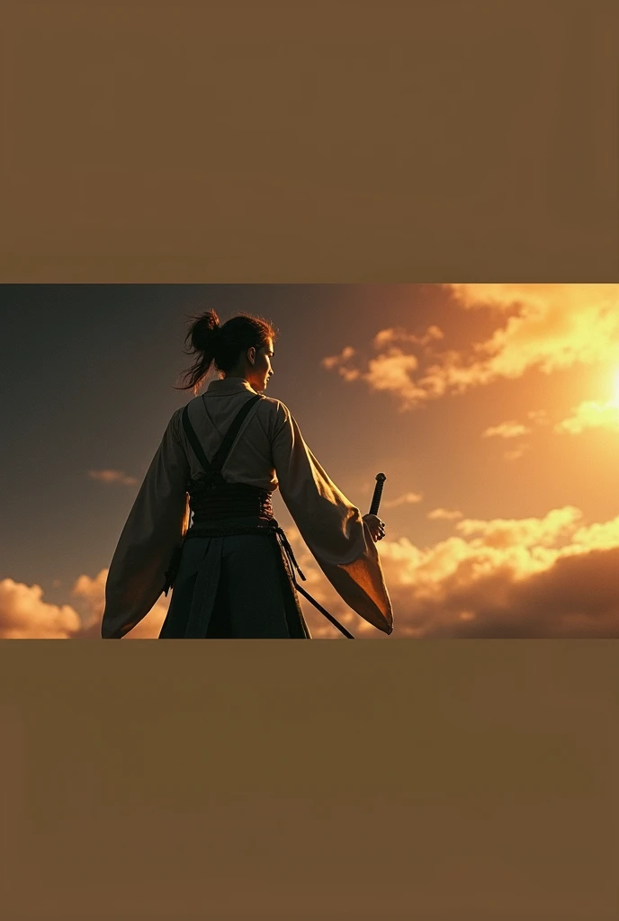 Generate a scene featuring a samurai-woman viewed from behind as she stands on a high platform, gazing at a colorful sunset sky. She is wearing traditional Japanese-style clothing with wide sleeves, and her hair is tied up in a loose bun. In her right hand, she holds a katana, the blade slightly tilted downward. The setting sun casts a warm, golden glow over the scene, with vibrant clouds painted across the sky. The composition emphasizes her strong yet contemplative stance against the backdrop of the fading light