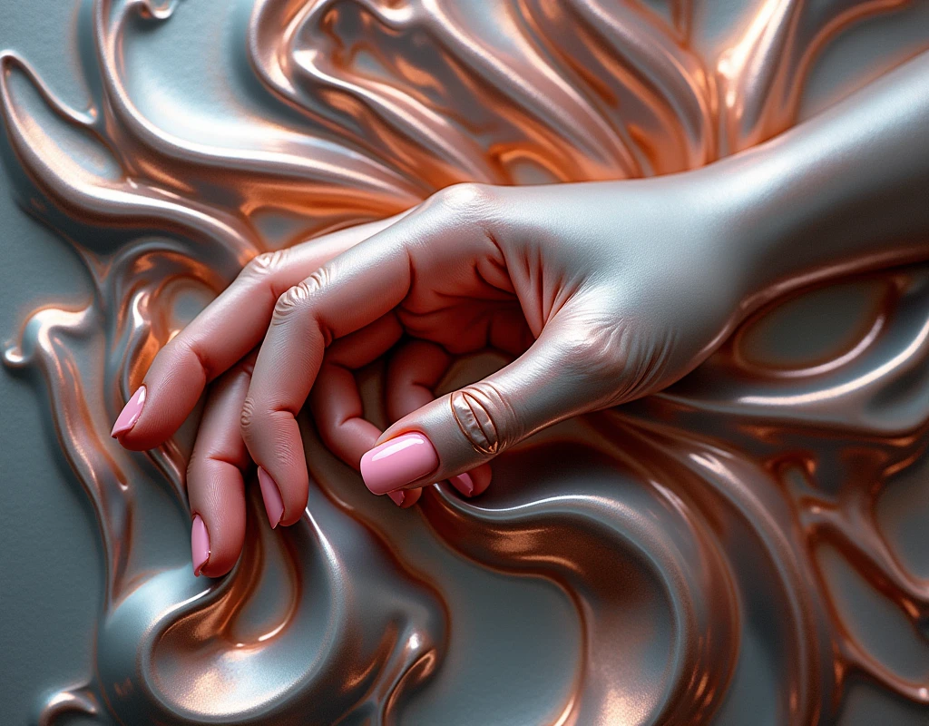 Liquid metal art, a feminine hand, manicured hand, dynamic position, pink fingernails