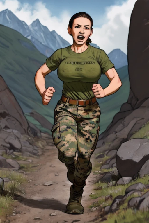 bootsnutes, shirt tucked in, green shirt, t-shirt, camouflage pants, black belt, belt buckle, outdoors, 1girl, trail, mountain, running, gigantic breasts, bouncing breasts, unaligned breasts, motion lines, motion blur, rock, explosion