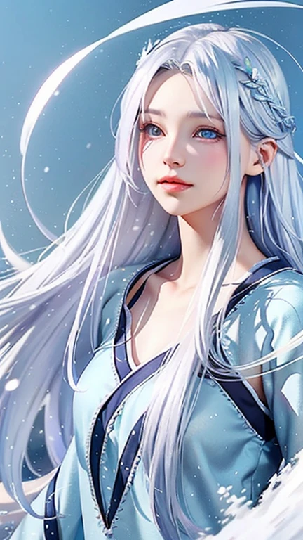 Long white hair and a blue dress in the snow, White-haired God, White hair floating in the air,Fantasy Illustration, Flowing white hair, beautiful若い風の精霊, beautifulファンタジー, Shiny, flowing hair, ether, beautiful, beautifulデジタルアート, Fantasy artwork, ((beautifulファンタジーの皇后)), 2. 5 d cgi Fantasy artwork、Realistic、Highest quality、Ultra delicate