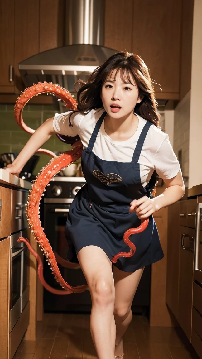 Highest quality、masterpiece、Ultra-high resolution、(Realistic:1.4)、kitchen、woman、タコの触手から逃げるwoman、Full of tentacles、(((running)))、Serious expression、beautiful woman、apron、slipper、Holding a kitchen knife in hand