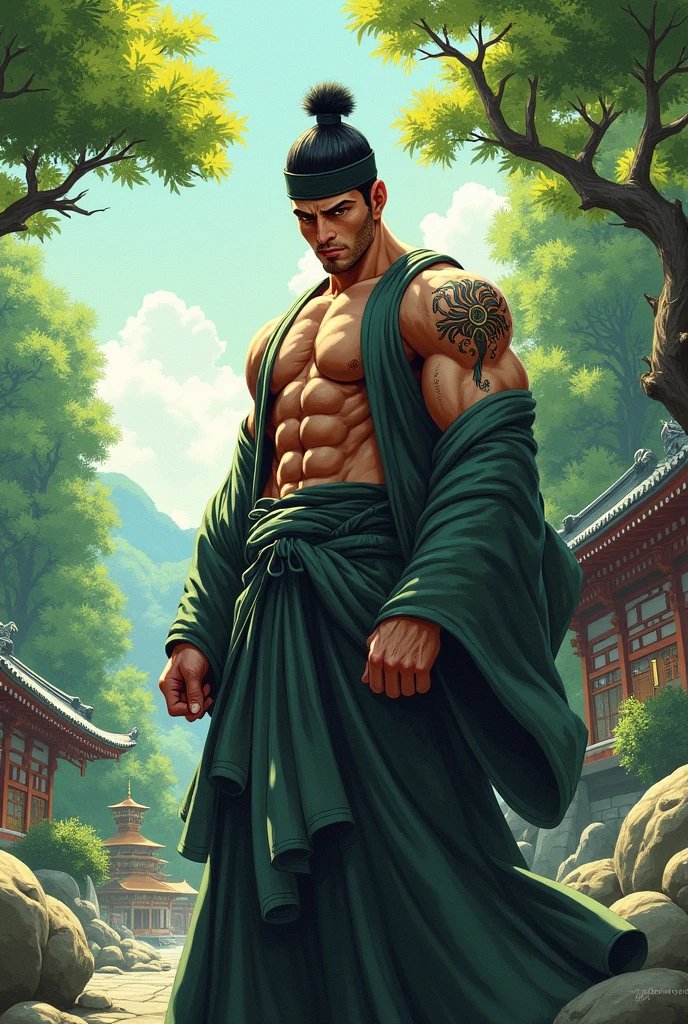 Illustrated style。
A muscular man wearing a black cap々Shinto priest