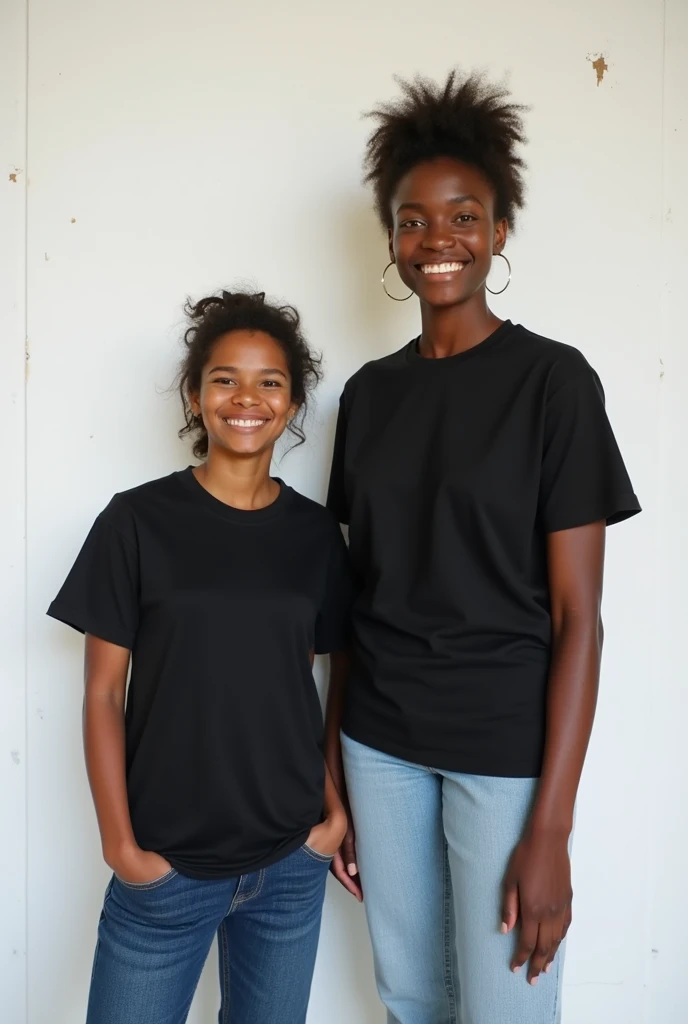 Create a split-image of the same brown skinned woman shown side by side against a plain white background to illustrate a before and after transformation. In the 'before' image on the left, depict the woman as shorter and wearing a plain black T-shirt and jeans. In the 'after' image on the right, show the same woman taller, wearing the same black T-shirt but with casual pants instead. Both images should have the woman smiling and looking directly at the camera, with a noticeable difference in height but less difference in presence. The background should be minimalist with natural lighting, the background walls having stains on it, the wall having dark grey color, the walls on both sides looking the same without any difference, highlighting the transformation