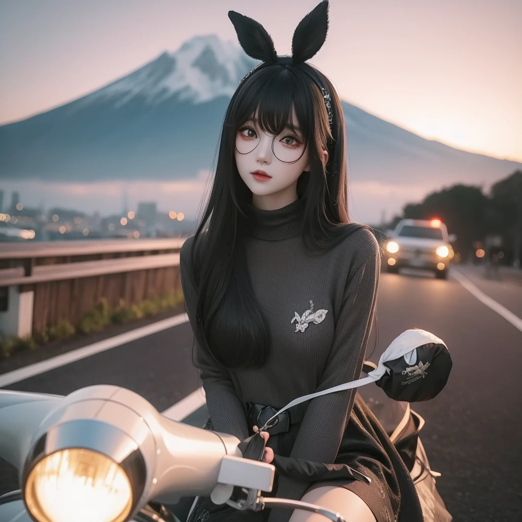 One wearing a white dress、Close-up of woman wearing black headband, guweiz style artwork, IG model | artistic germ, extremely detailed artistic germ, surreal anime, Soft portrait shots 8K, artistic germ. anime illustration, Bowater's art style, Blue-haired princess, 8k artistic germ bokeh,blue hair,semi long hair,blue eyes,Beautiful glasses,wear glasses(focus),huge ,bright smile