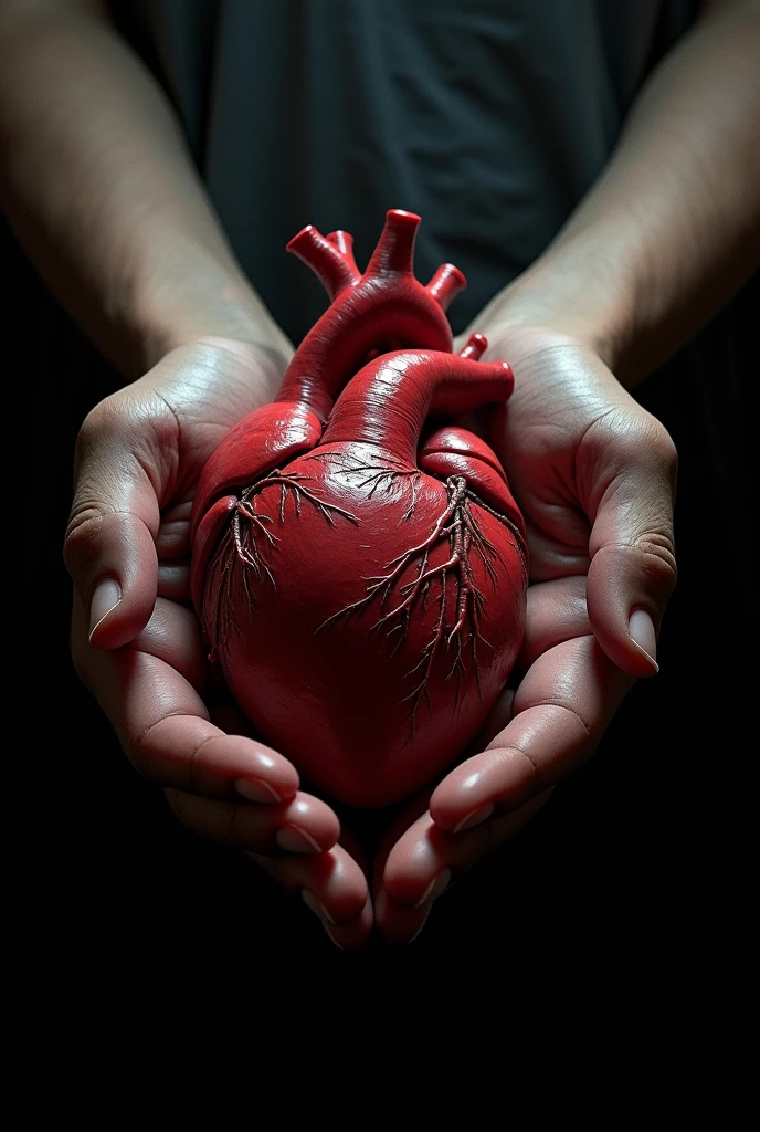 Create a hyper-realistic and darkly dramatic image inspired by the intense style of Caravaggio. The scene depicts a beautiful woman holding a lifelike, bleeding human heart with one hand, bringing it to her lips as she takes a bite. Her expression is a mix of desire and intensity, with blood dripping from the heart and smearing her vivid red lips. The blood cascades down her chin, adding to the visceral impact of the image. Her skin is illuminated by a single light source from above, casting deep, dramatic shadows that enhance the details of her face and the heart. The background is dark and mysterious, with subtle, shadowy elements that add depth without distracting from the central focus. The lighting and composition evoke a sense of raw, almost forbidden beauty, creating a powerful and unsettling atmosphere.