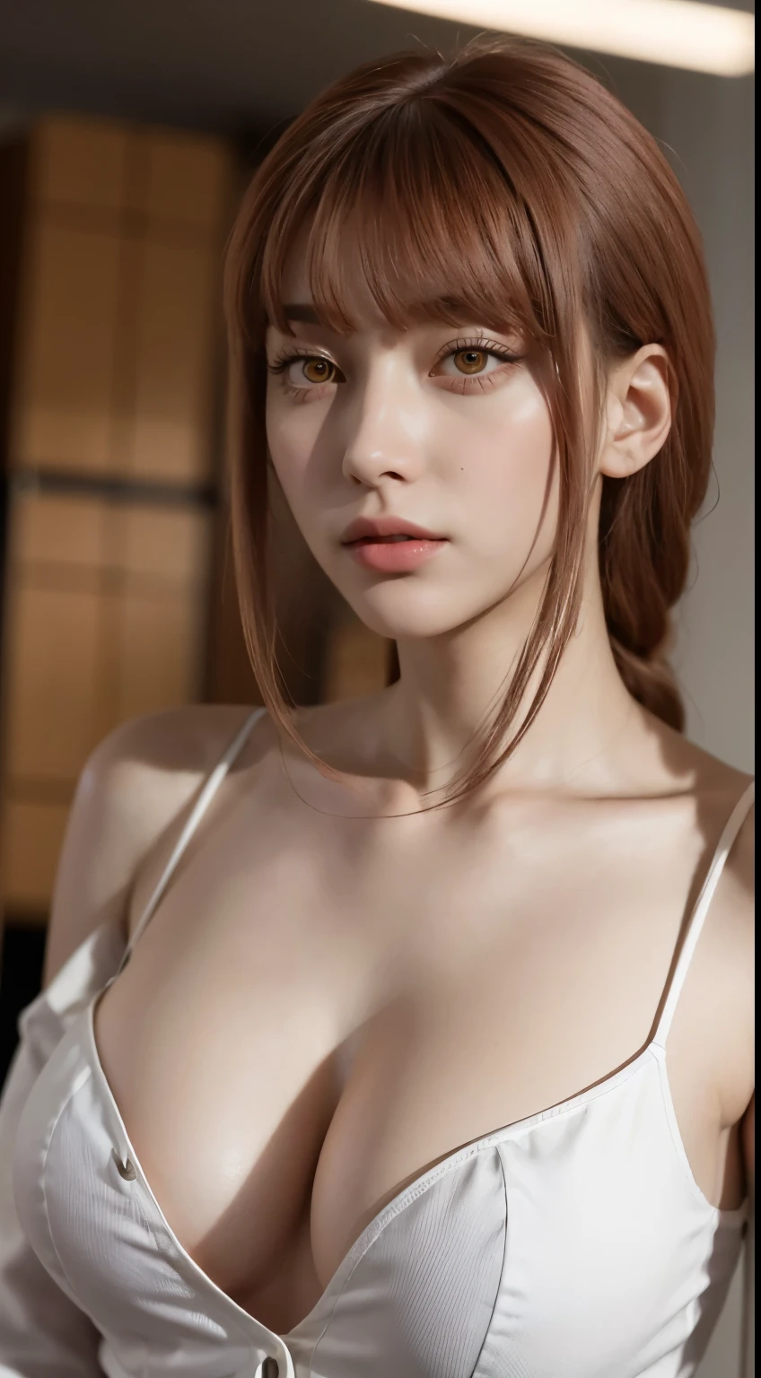 (best quality, master part, fullcolor, Dynamic angle, highest detailed) upper body photo, glad, (Makima, chainsawman), handsome fashion photography (red long hair) Kizi (Stunning mature woman), ((Massive medium breasts)), High Dress Up Detailed Office Makima Suit, white shirt black tie(high resolution textures), in doggy pose, bokeh, (details Intricate, hyperdetailed:1.15), circunstanciado, sunlight passing through hair, office background, (offcial art, extremely detaild, highest detailed),