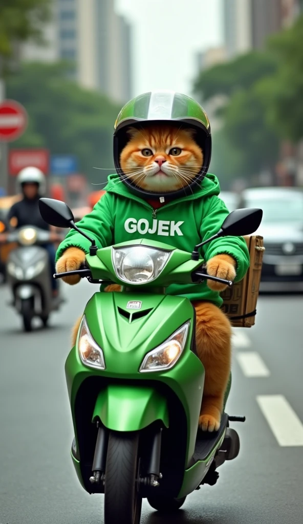 Create an image of a chubby, cute orange cat riding a Honda Beat matic motorcycle on a busy road. The cat is wearing a green jacket with the word "GOJEK" printed on it, along with a helmet on its head. It looks happy and content as it navigates through the traffic, with a delivery order strapped securely on the back of the motorcycle. The scene captures the lively atmosphere of a crowded street, with the cheerful cat embodying the spirit of a dedicated delivery driver in an urban setting.