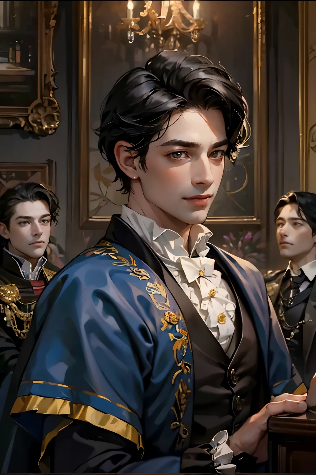 (masterpiece), best quality, expressive eyes, perfect face, 18th century European noblemen，Duke，black hair，Brown eyes，confidence，Smile, 30 years old, ((individual)), short hair