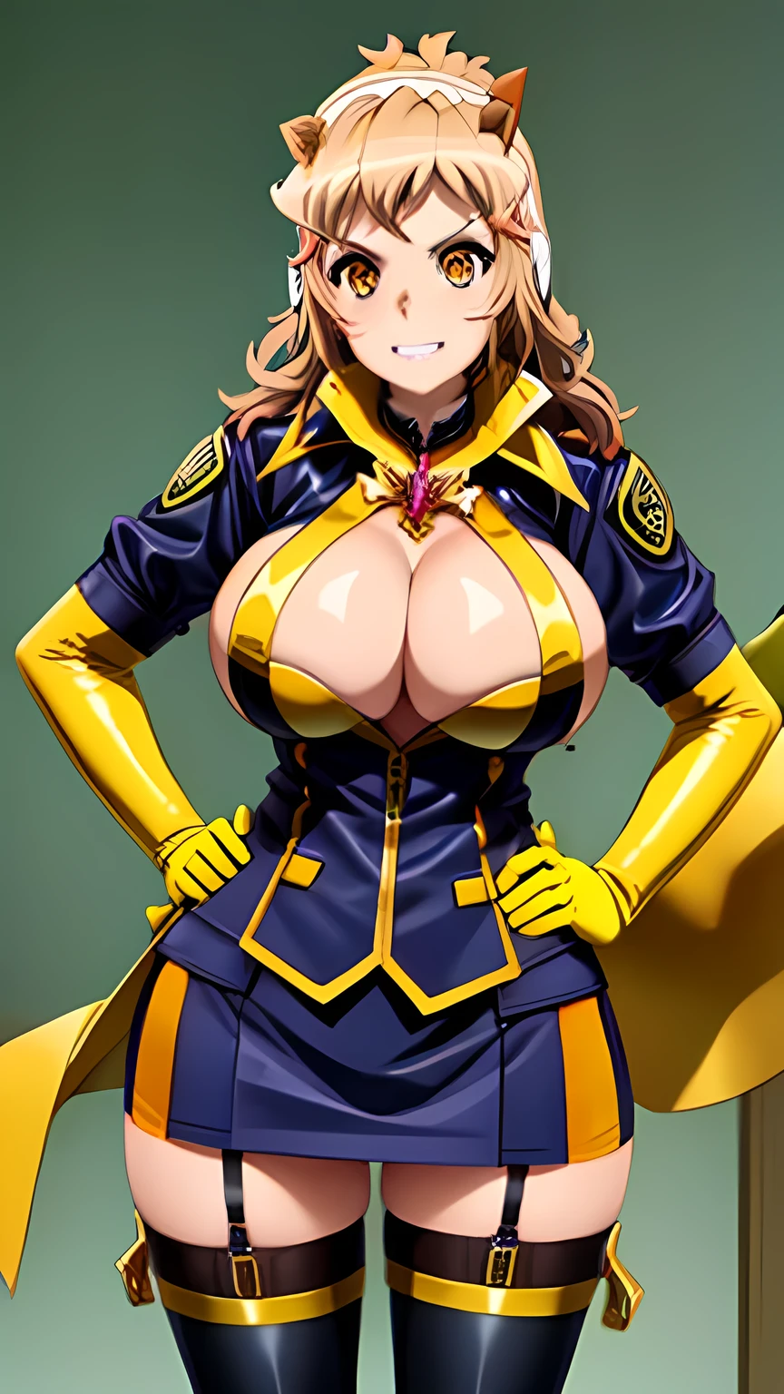  Blonde, gloves, Yellow Eyes, Hands on hips, Gold earrings, Large Breasts, jewelry, Heart-shaped, (uniform), (epaulet), Jacket, Harness, Thigh straps, Black thigh-high boots, skirt, (pencil skirt), miniskirt, Frowning, Wicked Smile, Open your mouth, Grin, Huge breasts, Cowboy Shot