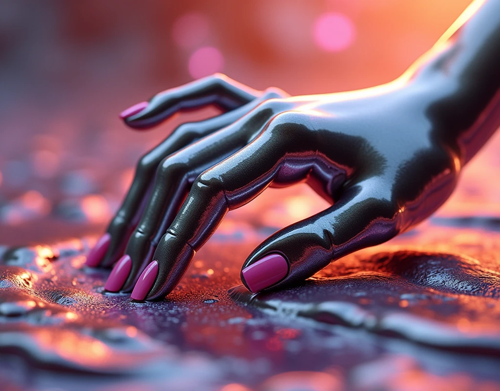 Liquid metal art of a feminine hand, manicured hand, dynamic position, pink fingernails