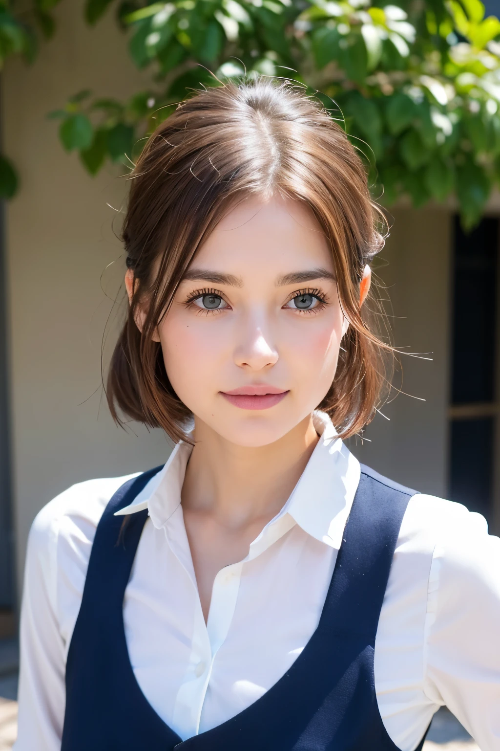 Meilleure qualité, Mise au point du visage, Lumière douce, ultra haute résolution, (Photoréaliste:1.4), photo brute, 1fille japonaise, seulement, Mignon, (sourire timide:0.5), (yeux marrons, des lumières dans les yeux), beau visage détaillé, (petite poitrine),(détail haute résolution de la texture de la peau humaine), (cheveux courts), casser, en classe,uniforme scolaire de la marine, gilet, jupe