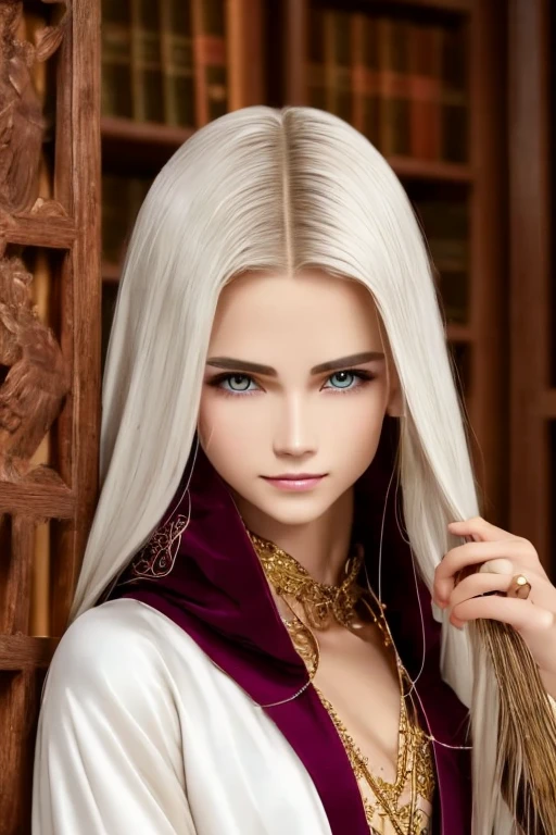 The model is Raistrin Majere。Gender is Finnish female。 The face has low cheeks and a pointed chin、The mouth is slightly large、The nose is pointed and high。White hair with waves。 with large golden eyes and pupils like an hourglass（⌛）with a shape like this。Their skin is a unique shade of white with a golden glow, and their physique is extremely slender.。A magician wearing a robe with a deep wine red hood。A magic staff made of oak wood in the right hand and a magic amulet around the neck。He looks at you with a sharp gaze, a smile of despair and irony。The background is an old Roman library with magical creatures and fairies flying around