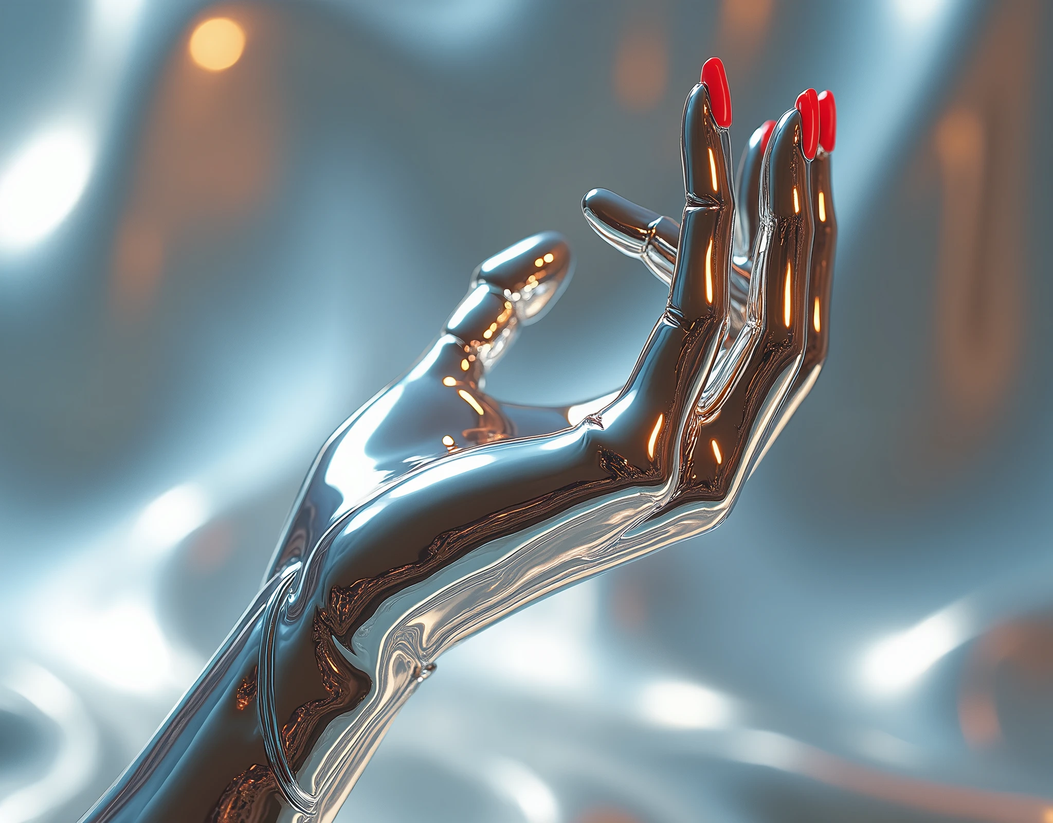 Liquid metal art, a feminine hand, manicured hand, dynamic position, red fingernails
