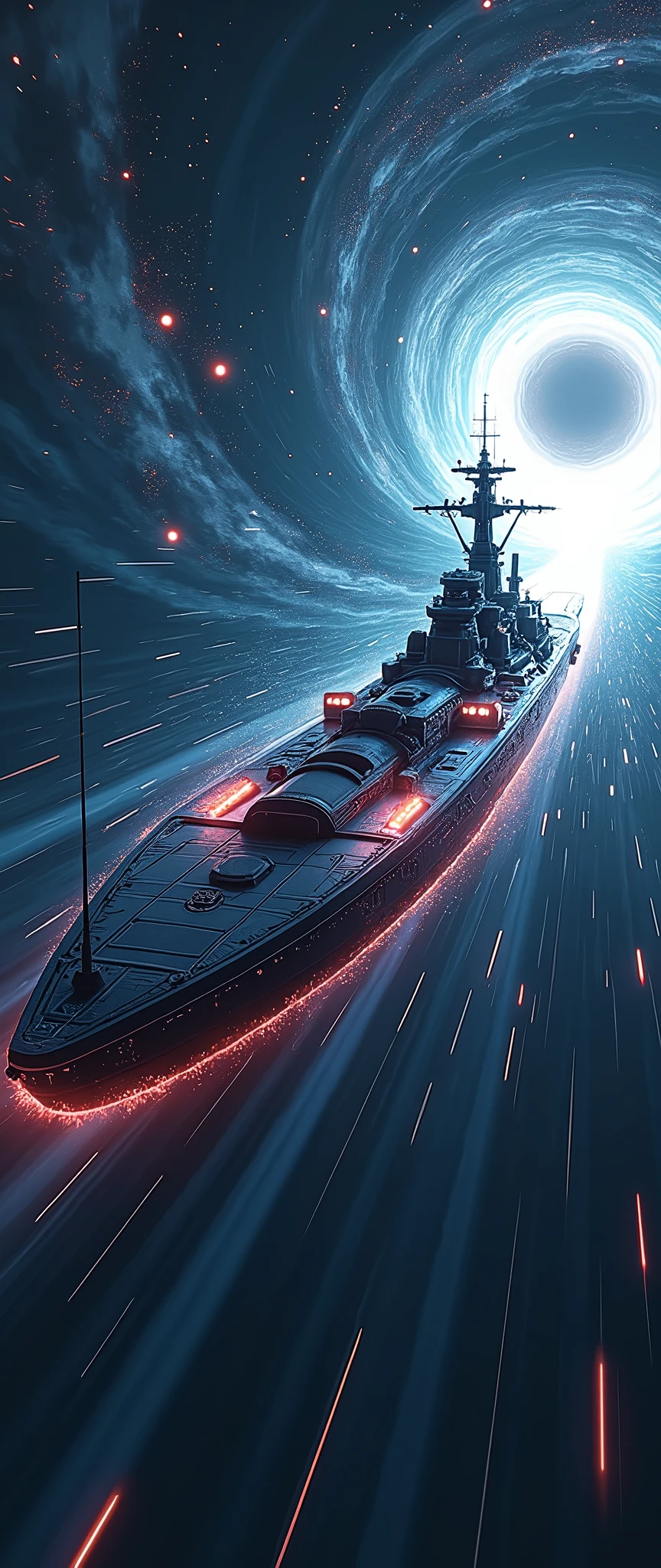 (masterpiece:1.2,Distinguished Quality,Anime Style:2.0,Cinematic Experience),8k,wallpaper,(Best illustrations:2.0),(A battleship-shaped spaceship performs warp travel.:2.0),(sf:2.0),(A streamlined spaceship resembling the Yamato battleship:2.0),(dynamic),(Beautiful particles of light are emitted from the wave engine at the stern.:2.0),(Representing superluminal speed with a beautiful line of light:2.0),(((The background is a wormhole and subspace.:2.0))),(Motion Blur)