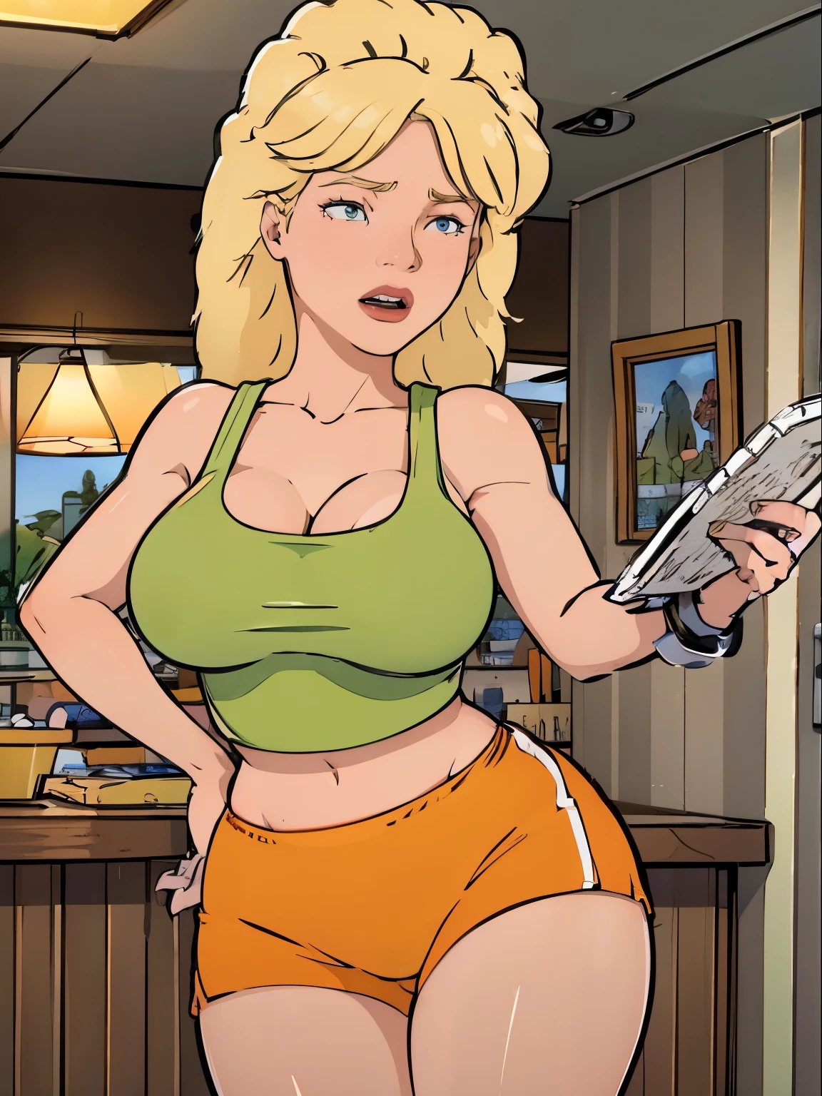 Luanne platter, blonde hair, detailed eyes, large breasts, slim body, thin legs, Gorgeous and sultry busty athletic (thin) with sharp facial features and wearing a (Hooters uniform), thin fabric white tank top, "Hooters", orange minishorts, notepad, restaurant,  detailed nipples, 