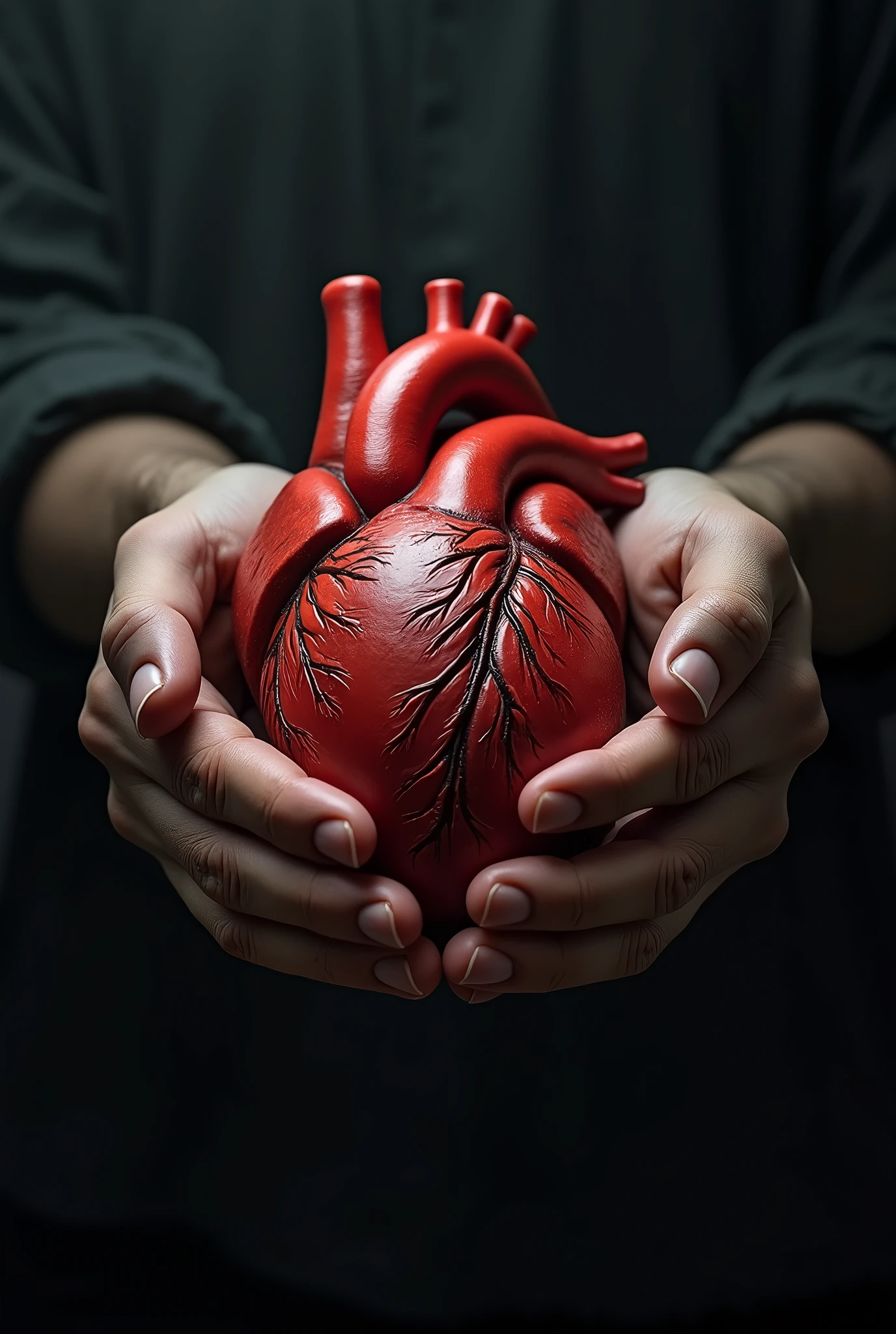 reate a hyper-realistic image of two hands holding a lifelike human heart. The hands are illuminated from above, casting dramatic shadows that enhance the intricate details of the heart and the textures of the skin. The background is dark and mysterious, with subtle, shadowy elements that add depth to the scene without distracting from the central focus. The lighting emphasizes the veins and muscles of the hands, making them appear almost sculptural, while the heart itself is rendered with intense realism, showing its complex structure and deep red color. The overall atmosphere of the image is eerie and powerful, evoking a sense of drama and mystery