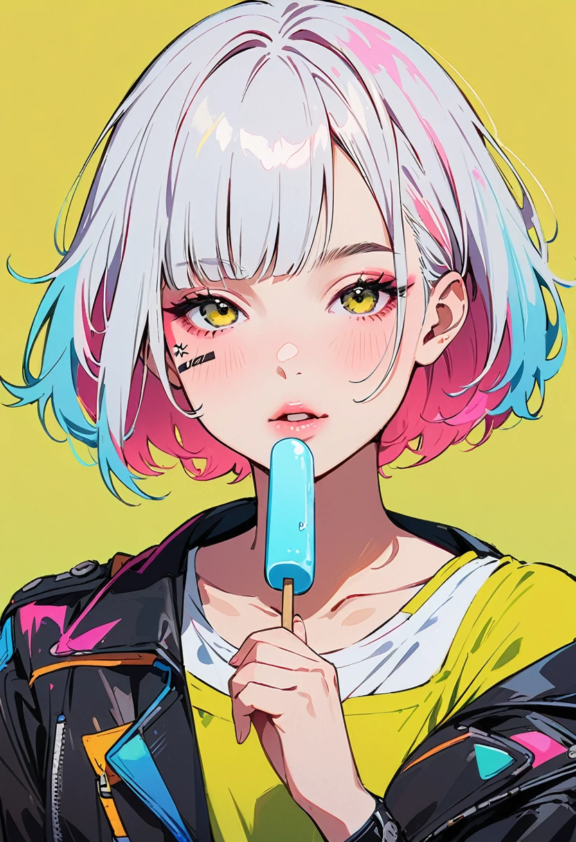 (masterpiece, Highest quality:1.4), 1 person, alone, Anime Style, colorful students, Blurred vision, A little sleepy, Looks a little happy, Eat a popsicle, Pink lower lip, Cyberpunk Makeup, Asymmetrical short hair in a color between red and pink., Asymmetrical short hairstyles, Long bangs on one side, Color Highlights, Black off-the-shoulder leather jacket, Pure Yellow Background.