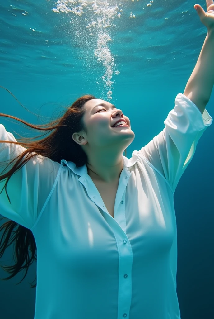 In the deep sea where only bubbles float、A plump 45-year-old aunt from Osaka，With eyes closed，Reach your arms out to the surface of the water，Take a deep breath.、Wearing a white shirt、Looking healthy、Her hair swayed like waves、