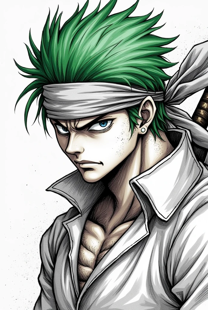 comics one piece Zoro style Front close-up No background Shadow line Black and White Line art Rough sketch