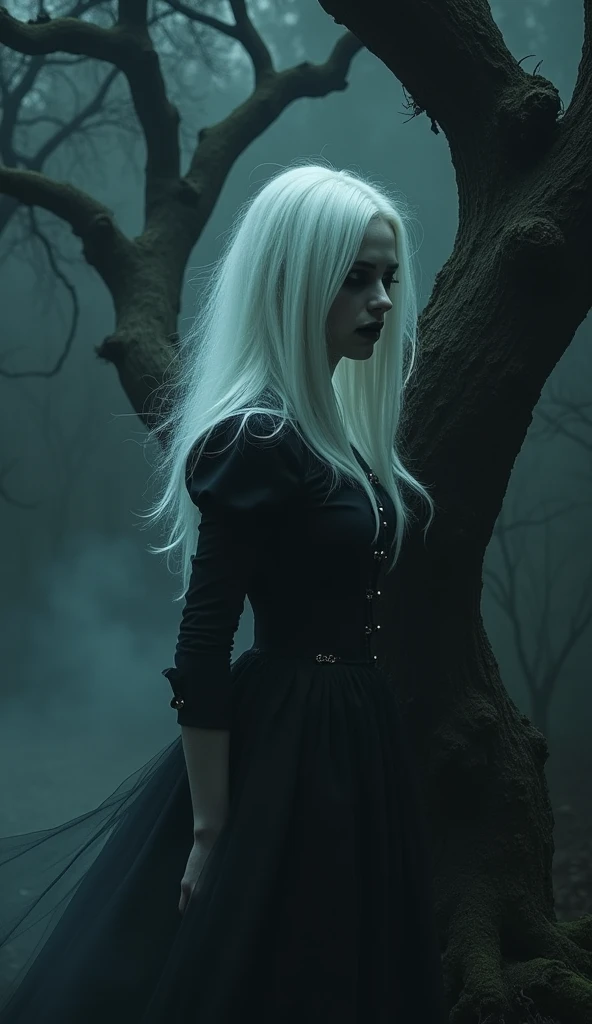 a hauntingly lit, cinematic photograph, twisted, gnarled tree at night, skeletal fingers reaching towards the sky, dark, ominous background, faint, misty atmosphere, chilling horror scene, translucent, eerie transparent female ghost, long, flowing white hair, deathly pale skin, sunken eyes, distorted, mournful, otherworldly expression, tattered, black Victorian-era attire, floating ethereally near tree trunk, subtle, glowing mist swirling, spine-tingling, supernatural encounter, wide-angle perspective, shallow depth of field, ghostly figure, stark, high-contrast monochromatic palette, deep blacks, misty whites, sense of fear and foreboding