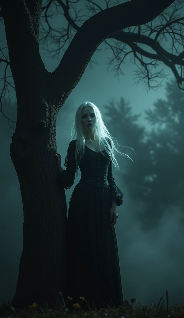 a hauntingly lit, cinematic photograph, twisted, gnarled tree at night, skeletal fingers reaching towards the sky, dark, ominous background, faint, misty atmosphere, chilling horror scene, translucent, eerie transparent female ghost, long, flowing white hair, deathly pale skin, sunken eyes, distorted, mournful, otherworldly expression, tattered, black Victorian-era attire, floating ethereally near tree trunk, subtle, glowing mist swirling, spine-tingling, supernatural encounter, wide-angle perspective, shallow depth of field, ghostly figure, stark, high-contrast monochromatic palette, deep blacks, misty whites, sense of fear and foreboding
