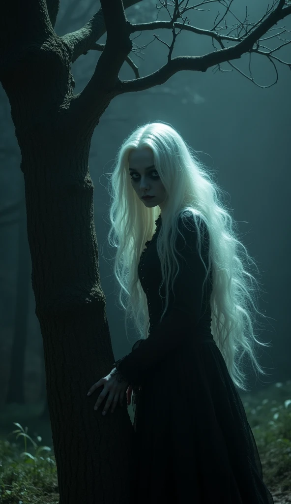 a hauntingly lit, cinematic photograph, twisted, gnarled tree at night, skeletal fingers reaching towards the sky, dark, ominous background, faint, misty atmosphere, chilling horror scene, translucent, eerie transparent female ghost, long, flowing white hair, deathly pale skin, sunken eyes, distorted, mournful, otherworldly expression, tattered, black Victorian-era attire, floating ethereally near tree trunk, subtle, glowing mist swirling, spine-tingling, supernatural encounter, wide-angle perspective, shallow depth of field, ghostly figure, stark, high-contrast monochromatic palette, deep blacks, misty whites, sense of fear and foreboding