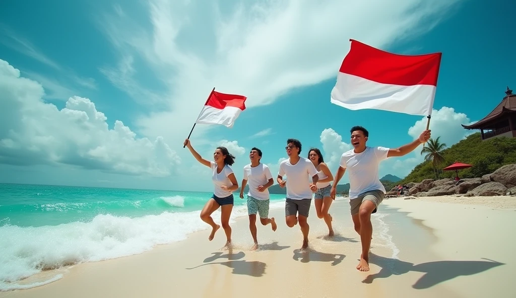 A stunning cinematic photo capturing a group of energetic young men and women running on a pristine beach. They are waving the Indonesian flags - red and white colors prominently displayed. The sky is a vibrant blue with wisps of white clouds, and the ocean is a deep, captivating turquoise. In the background, you can see a traditional Indonesian structure, adding a touch of cultural heritage to the scene. The overall feeling is one of unity, joy, and celebration., cinematic, photo