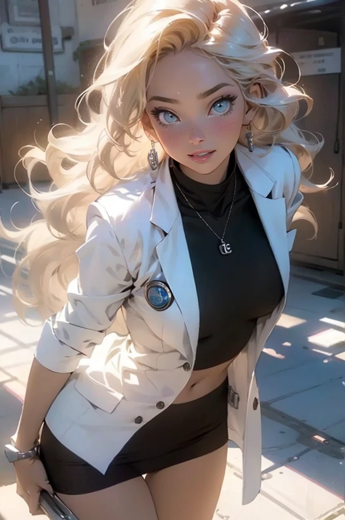 Melancholy lighting, Take it easy, calm, shine, masterpiece, best quality, 1 girl, (JinxLol: 1.2), (ultra photorealistic: 1.3), (masterpiece: 1.4), best quality, ((realistic)), high quality, Ultra Detailed, ((real image)), ((realistic skin)), ((realistic face)), (illustration: 1.05), (beautiful: 1.05), (beautiful detailed eyes: 1.05), (cinematic light: 1.1), full body, accurate proportions, 25-year old girl, CURVY model (wearing sexy lab coat), waves, BLOND hair fluttering in the wind, long legs, slightly open feet, butt, blushing, shyness, clavicle, abs, double texture, beautiful and delicate face, fair skin, real skin, (face detail), couples, super high res, 8k, parameters Best quality, masterpiece, super high res, (Realistic 2.0), more details, detailed skin, wide smile, white teeth, VOLUMINOUS GINGER BLONDIE hair, perfect and well-drawn eyes, girlfriend, cute, pretty, studio illumination, modern laboratory surronding, ((PERFECT EVEN EYES:1.0))