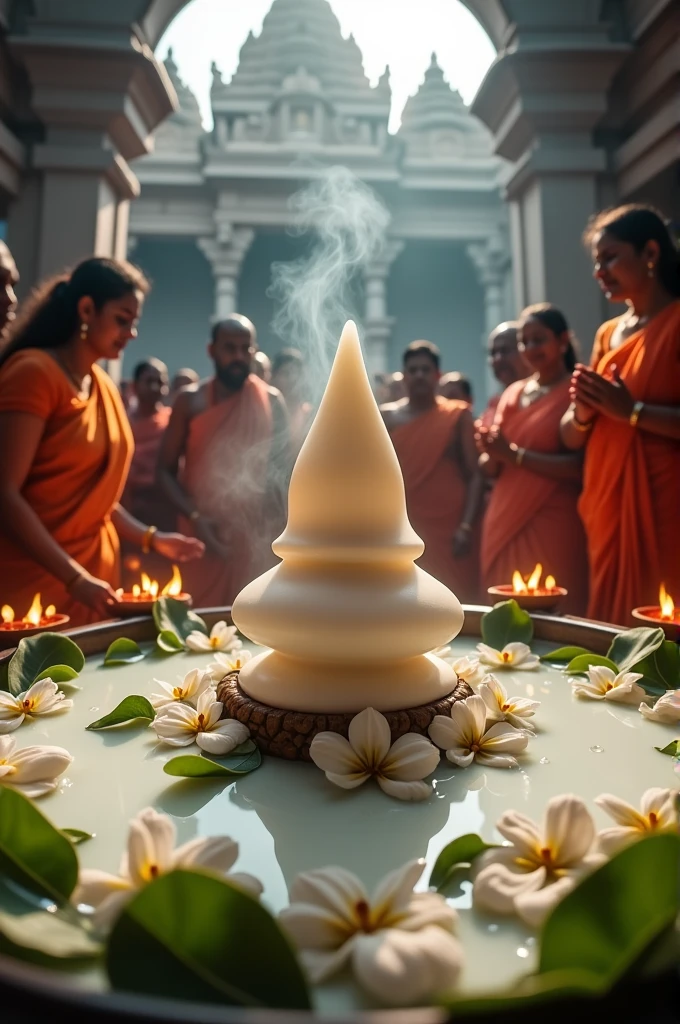 Worshipping of Shiva Lingam by milk, belpattri and flowers. Camera roted in 360 degree Picture quality should be realistic.