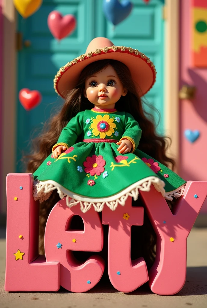 Doll with green charro dress, White and red sitting on the pink and yellow Lety letters with black shadow and colorful hearts around her 