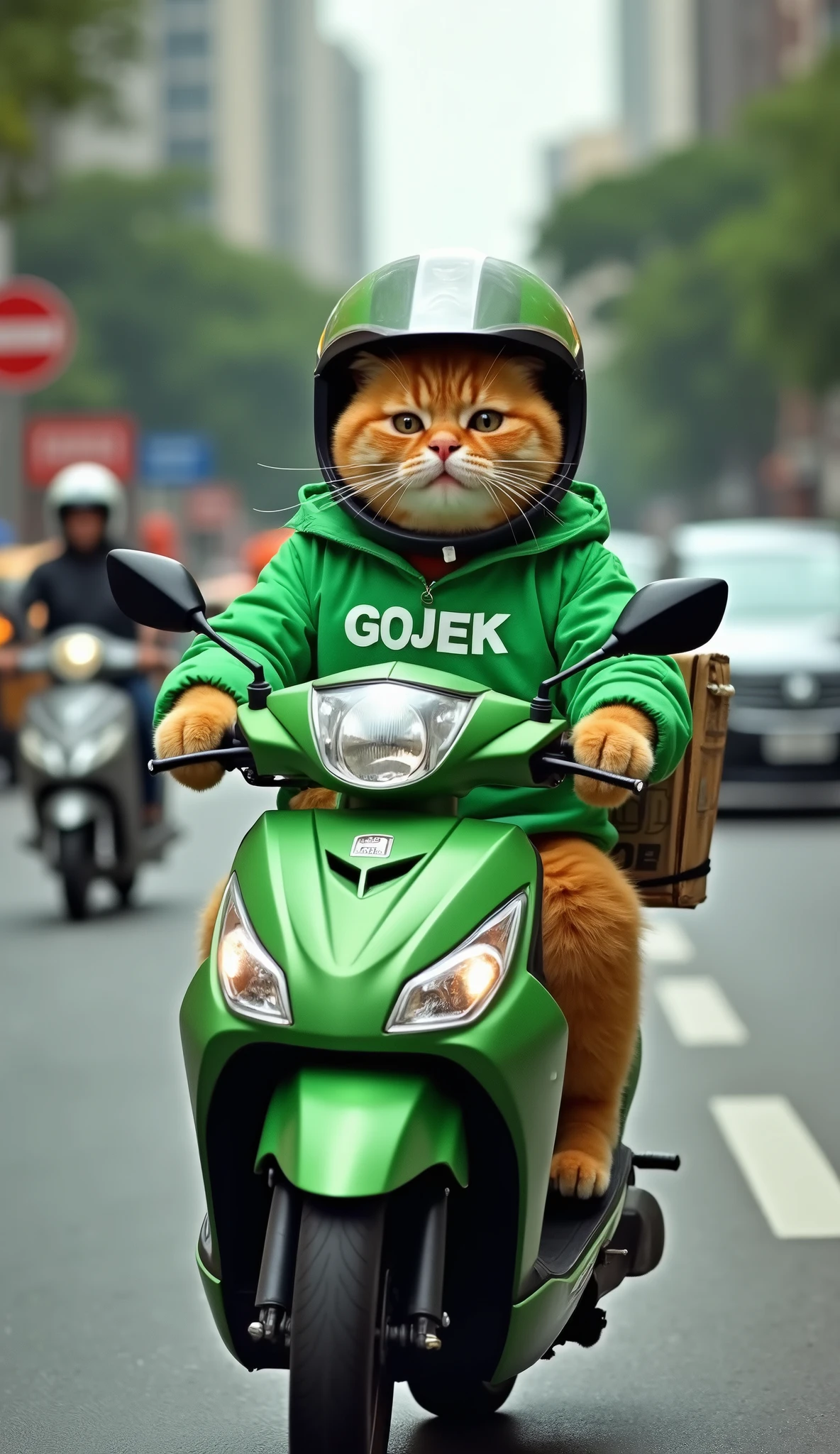 Create an image of a chubby, cute orange cat riding a Honda Beat matic motorcycle on a busy road. The cat is wearing a green jacket with the word "GOJEK" printed on it, along with a helmet on its head. It looks happy and content as it navigates through the traffic, with a delivery order strapped securely on the back of the motorcycle. The scene captures the lively atmosphere of a crowded street, with the cheerful cat embodying the spirit of a dedicated delivery driver in an urban setting.