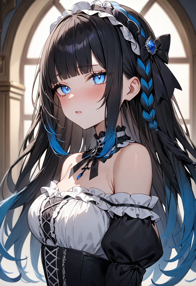 (masterpiece, top quality, very aesthetic, 4k、illustration), intricate detail, 1woman,solo,contrapposto 、from side、(gradient eyes、tareme)、Strong glowing eyes、blunt bangs,Fair skin,(cowboy shot)、half closed eyes、cold face、Cold Stare、(Blue lipstick),beautiful face、Blushing,(gradient hair)、(single braid)、multicolored hair,middle hair,sidelock ,blue eyes、Shoulderless gothic lolita dress、medium breasts、slender 、