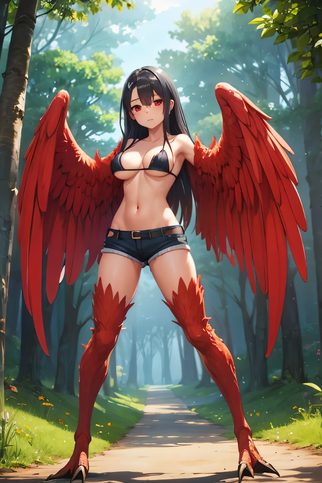 beautiful, work of art, best quality, extremely detailed face, perfect lighting, winged arms, red wings, harpy, long hair, black hair, red eyes, 1 girl, short shorts, top cut, bikini, big breasts, full body shot, nature background