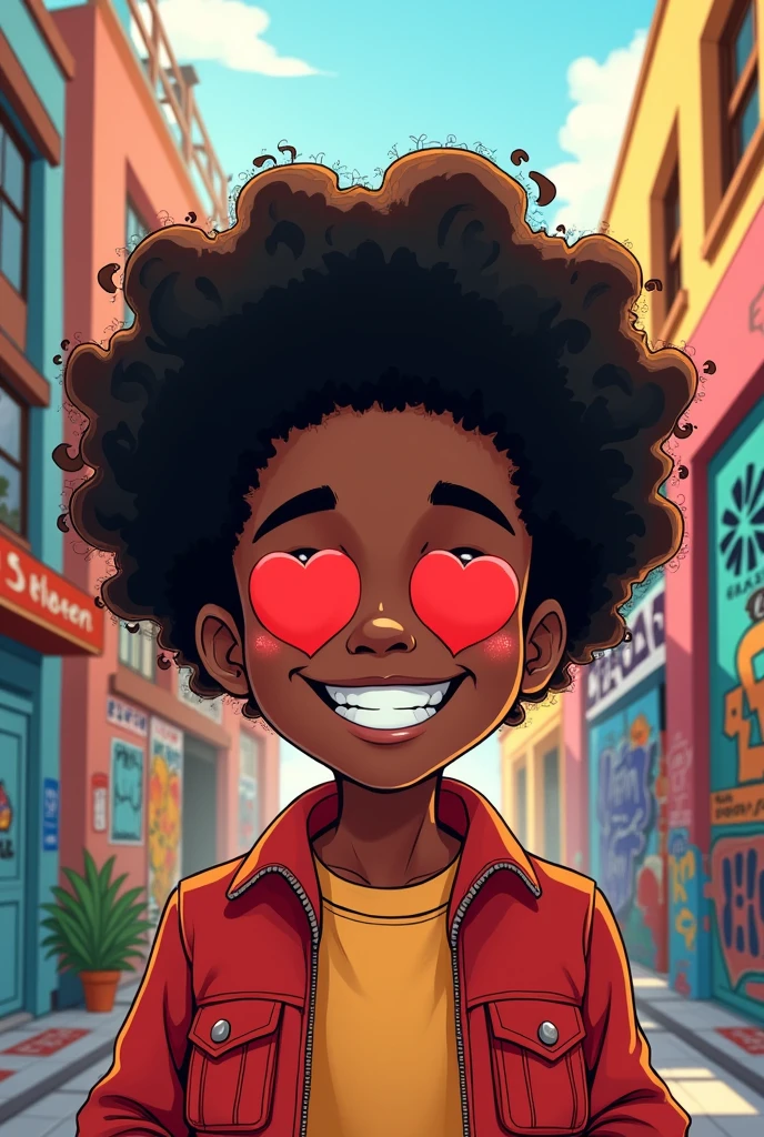 Black boy persona "THAT KIDDING FROM NEW" with black hair type c4 curly with "❤️" in place of the eyes