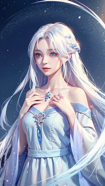 Long white hair and a blue dress in the snow, White-haired God, White hair floating in the air,Fantasy Illustration, Flowing white hair, beautiful若い風の精霊, beautifulファンタジー, Shiny, flowing hair, ether, beautiful, beautifulデジタルアート, Fantasy artwork, ((beautifulファンタジーの皇后)), 2. 5 d cgi Fantasy artwork、Realistic、Highest quality、Ultra delicate、Upper Body、She's super beautiful with big eyes.